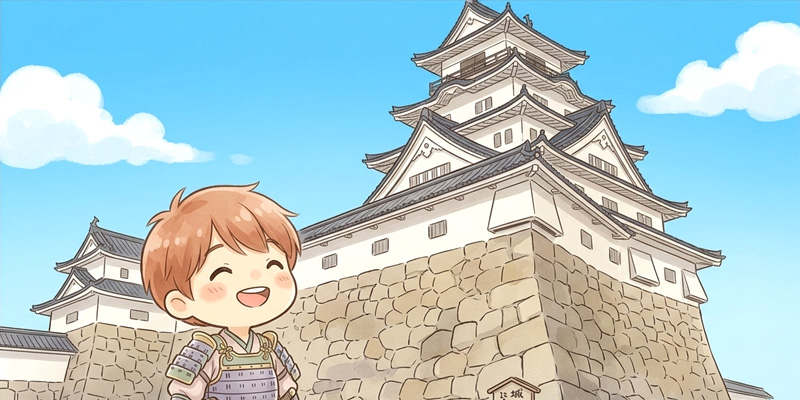 ユラルが日本のお城の天守閣を見上げているイラスト