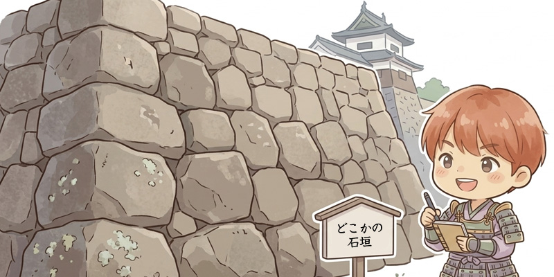 ユラルがお城の石垣の前でメモを取って観察しているイラスト
