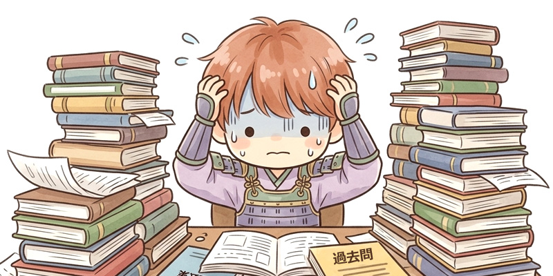 ユラルが積み上がった過去問を前に困っているイラスト