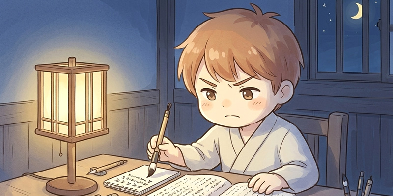 ユラルが夜に机でテキストを広げて勉強しているイラスト