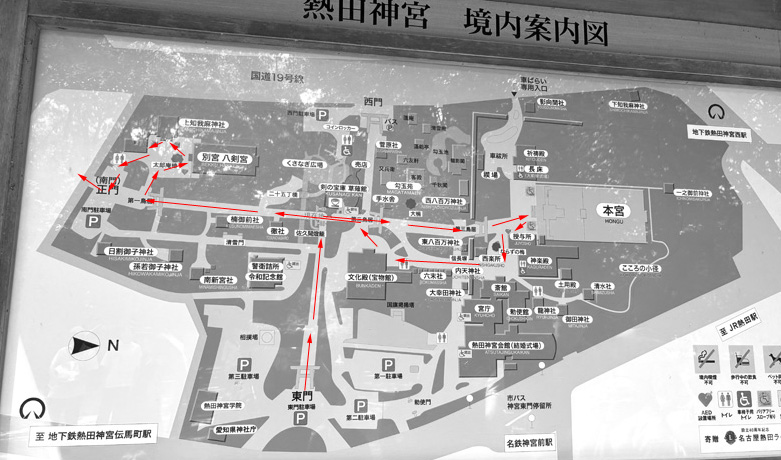 熱田神宮の境内案内図に、御神印コースのルートを赤矢印で書き込んだ図。