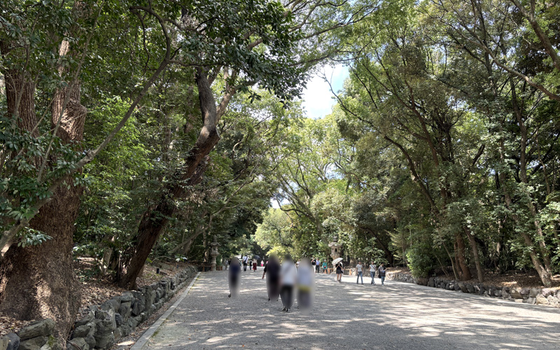東門から続く熱田神宮の参道。大木に囲まれ、参拝者が歩いている。